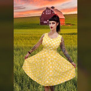 50s Vintage Leslie Fay Yellow White Polka Dot Dress Petticoat Rockabilly MCM M